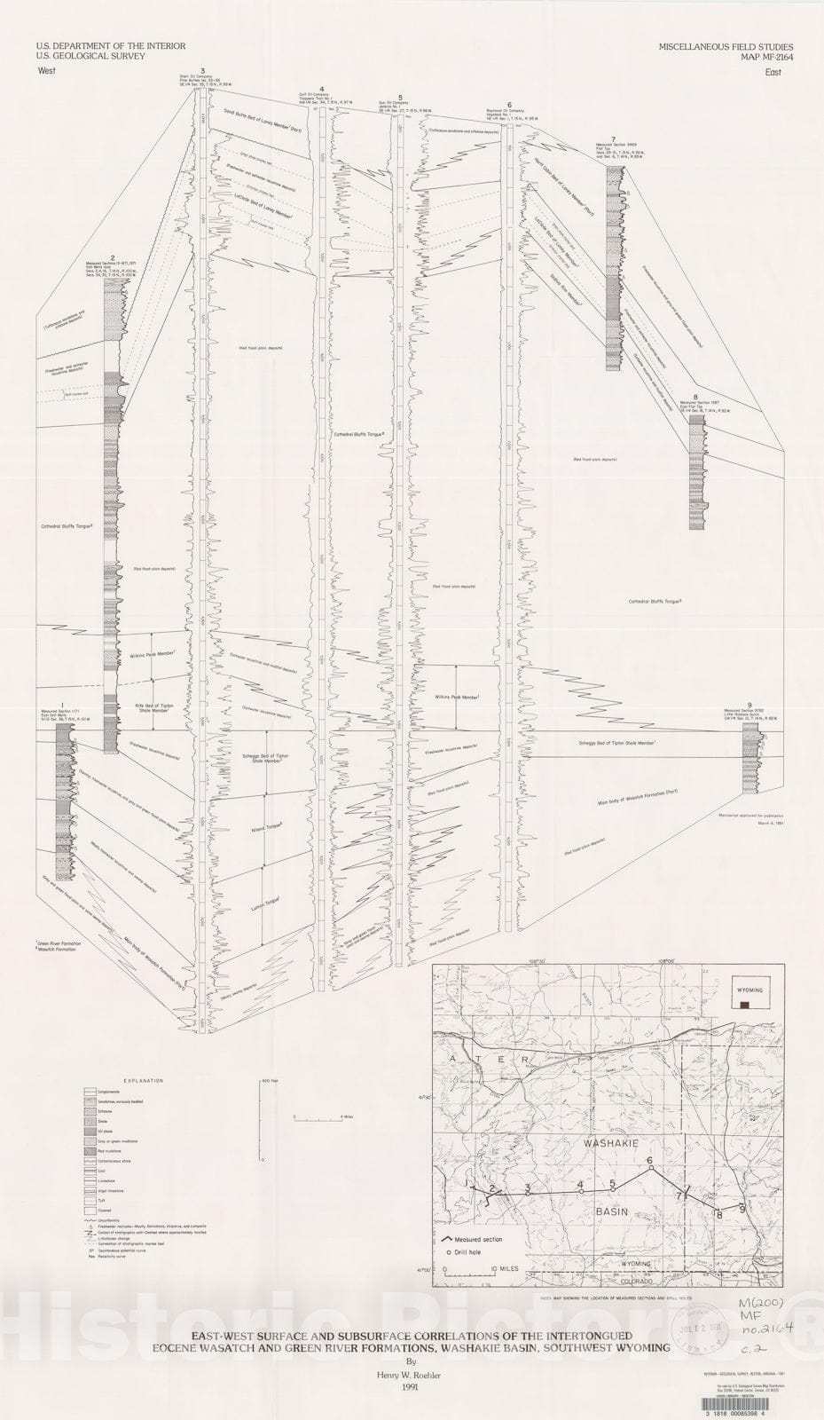 Map : East-west surface and subsurface correlations of the intertongued Eocene Wasatch and Green River Formations, Washakie Basin, southwest Wyoming, 1991 Cartography Wall Art :