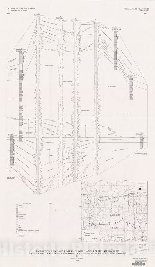 Map : East-west surface and subsurface correlations of the intertongued Eocene Wasatch and Green River Formations, Washakie Basin, southwest Wyoming, 1991 Cartography Wall Art :