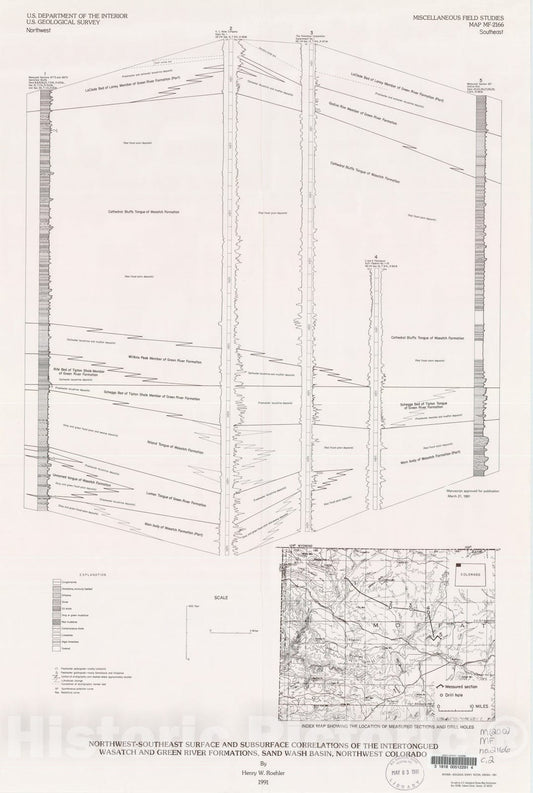 Map : Northwest-southeast surface and subsurface correlations of the intertongued Wasatch and Green River Formations, Sand Wash Basin, northwest Colorado, 1991 Cartography Wall Art :