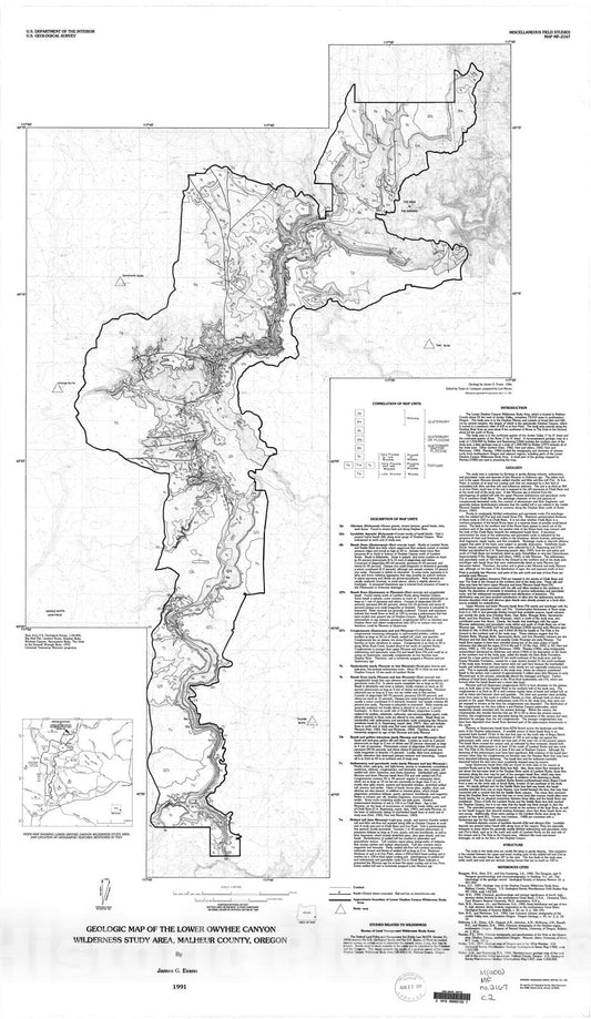 Map : Geologic map of the Lower Owyhee Canyon Wilderness Study Area, Malheur County, Oregon, 1991 Cartography Wall Art :