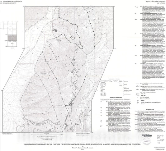 Map : Reconnaissance geologic map of parts of the Zapata Ranch and Mosca Pass quadrangles, Alamosa and Huerfano Counties, Colorado, 1991 Cartography Wall Art :
