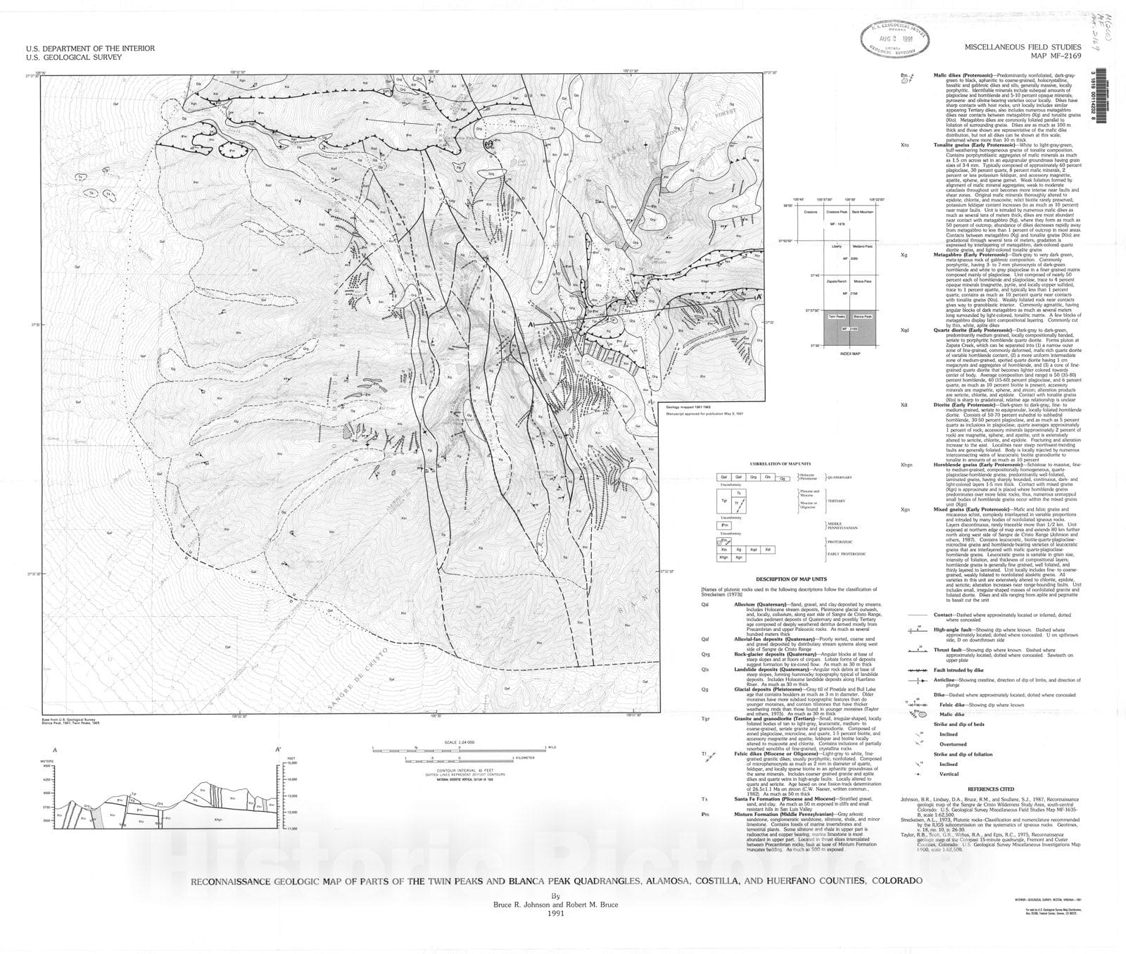 Map : Reconnaissance geologic map of parts of the Twin Peaks and Blanca Peak quadrangles, Alamosa, Costilla, and Huerfano Counties, Colorado, 1991 Cartography Wall Art :