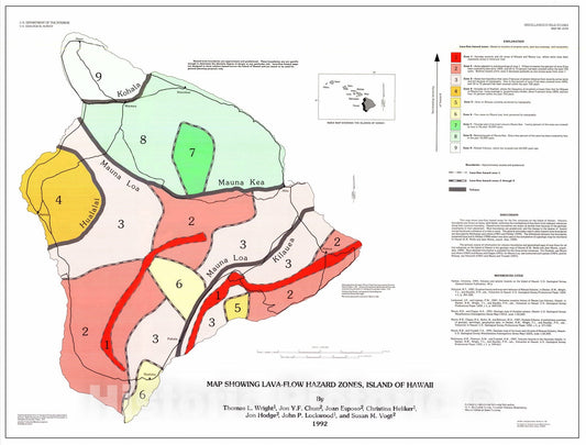 Map : Map showing lava-flow hazard zones, Island of Hawaii, 1992 Cartography Wall Art :