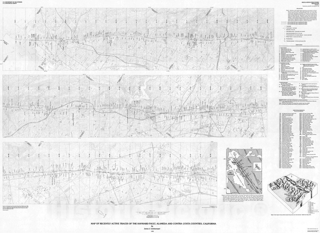 Map : Map of recently active traces of the Hayward fault, Alameda and Contra Costa Counties, California, 1992 Cartography Wall Art :