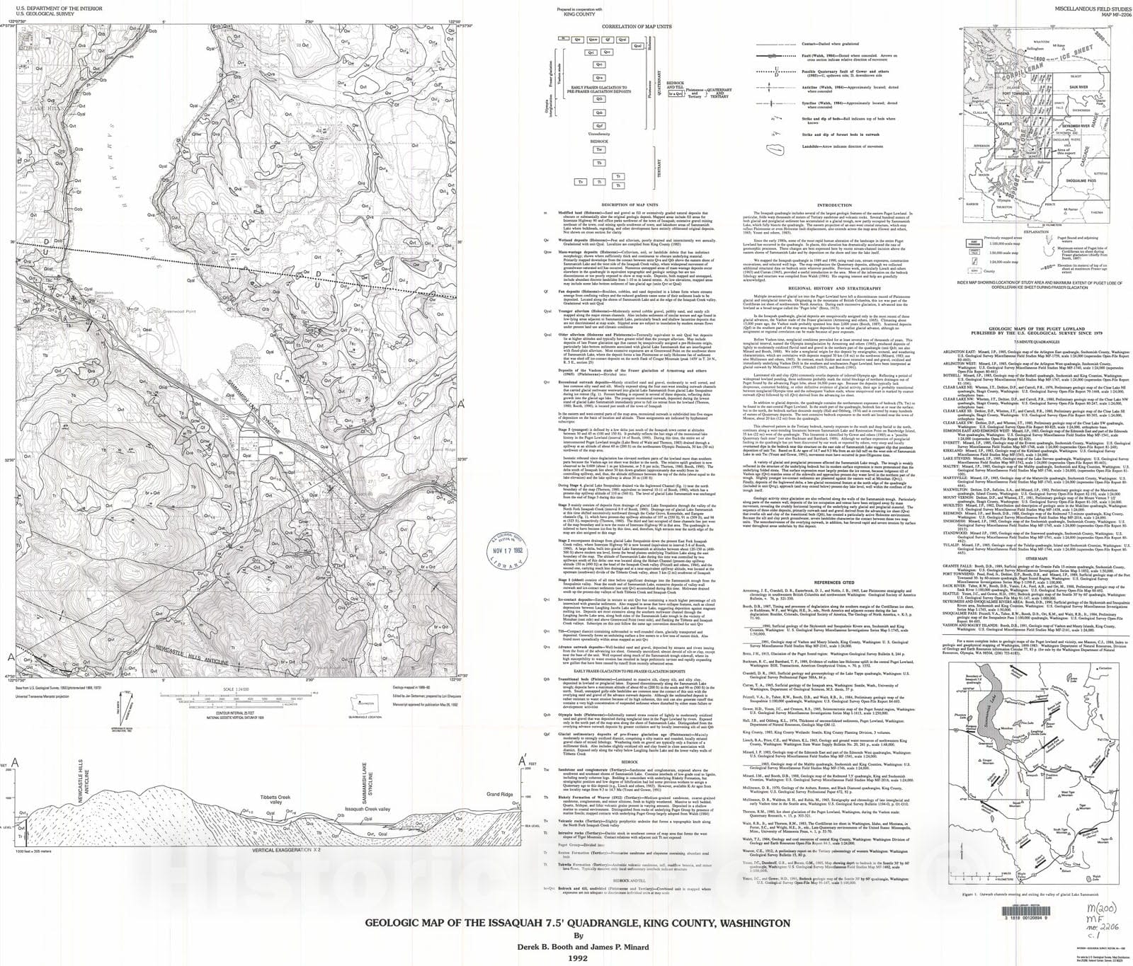 Map : Geologic map of the Issaquah 7.5' quadrangle, King County, Washington, 1992 Cartography Wall Art :