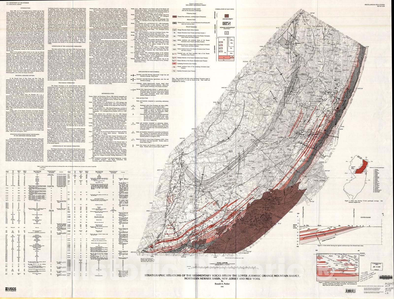 Map : Stratigraphic relations of the sedimentary rocks below the Lower Jurassic Orange Mountain Basalt, northern Newark Basin, New Jersey and New York, 1993 Cartography Wall Art :
