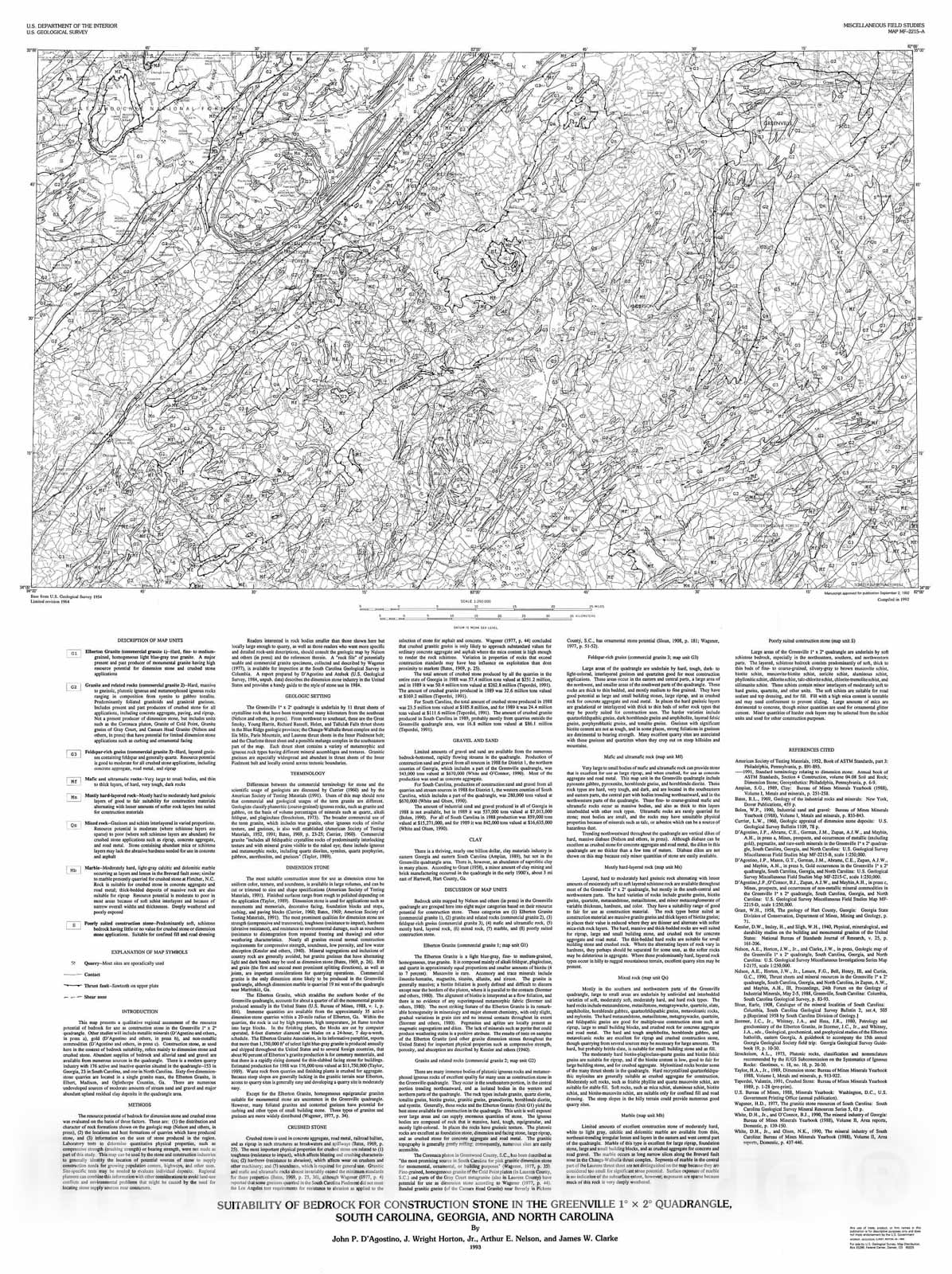 Map : Suitability of bedrock for construction stone in the Greenville one degree x two degrees quadrangle, South Carolina, Georgia, and North Carolina, one993 Cartography Wall Art :