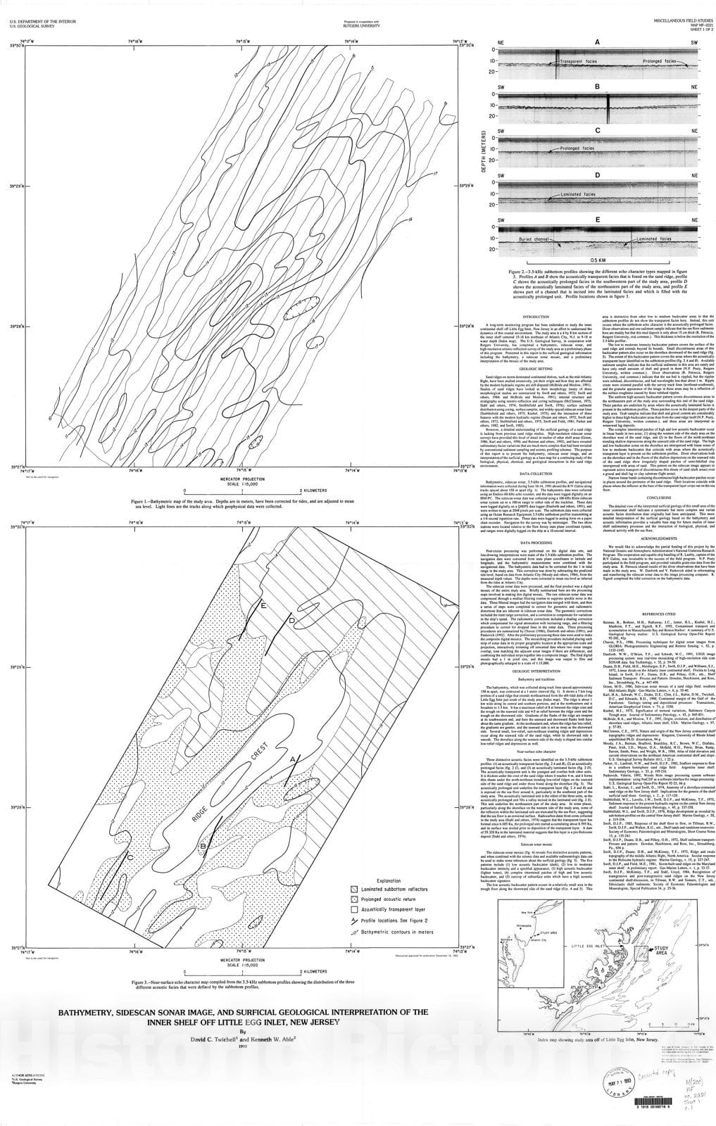 Map : Bathymetry, sidescan sonar image, and surficial geological interpretation of the inner shelf of Little Egg Inlet, New Jersey, 1993 Cartography Wall Art :