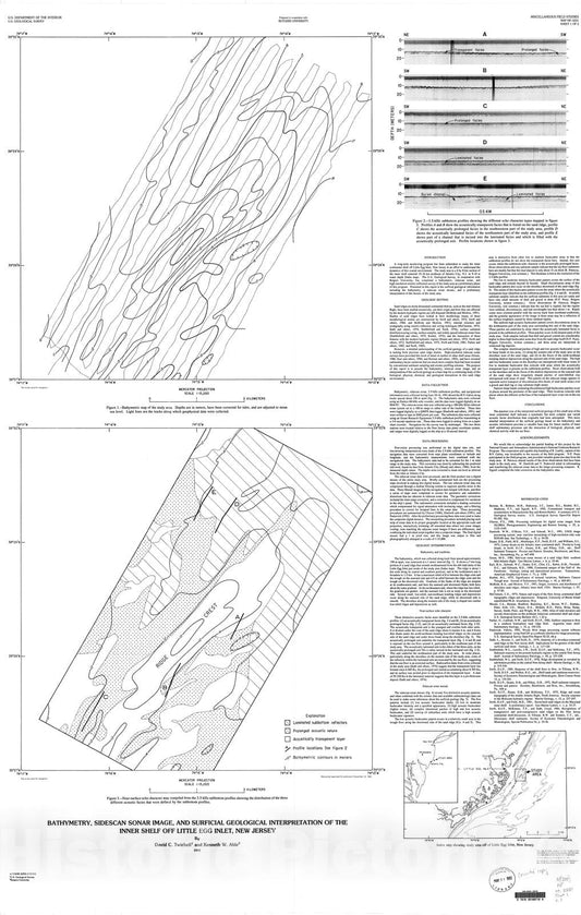 Map : Bathymetry, sidescan sonar image, and surficial geological interpretation of the inner shelf of Little Egg Inlet, New Jersey, 1993 Cartography Wall Art :