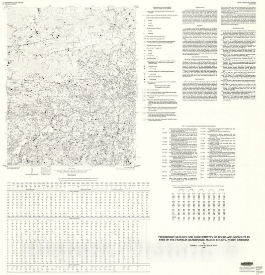 Map : Preliminary geology and geochemistry of rocks and saprolite in part of the Franklin quadrangle, Macon County, North Carolina, 1993 Cartography Wall Art :