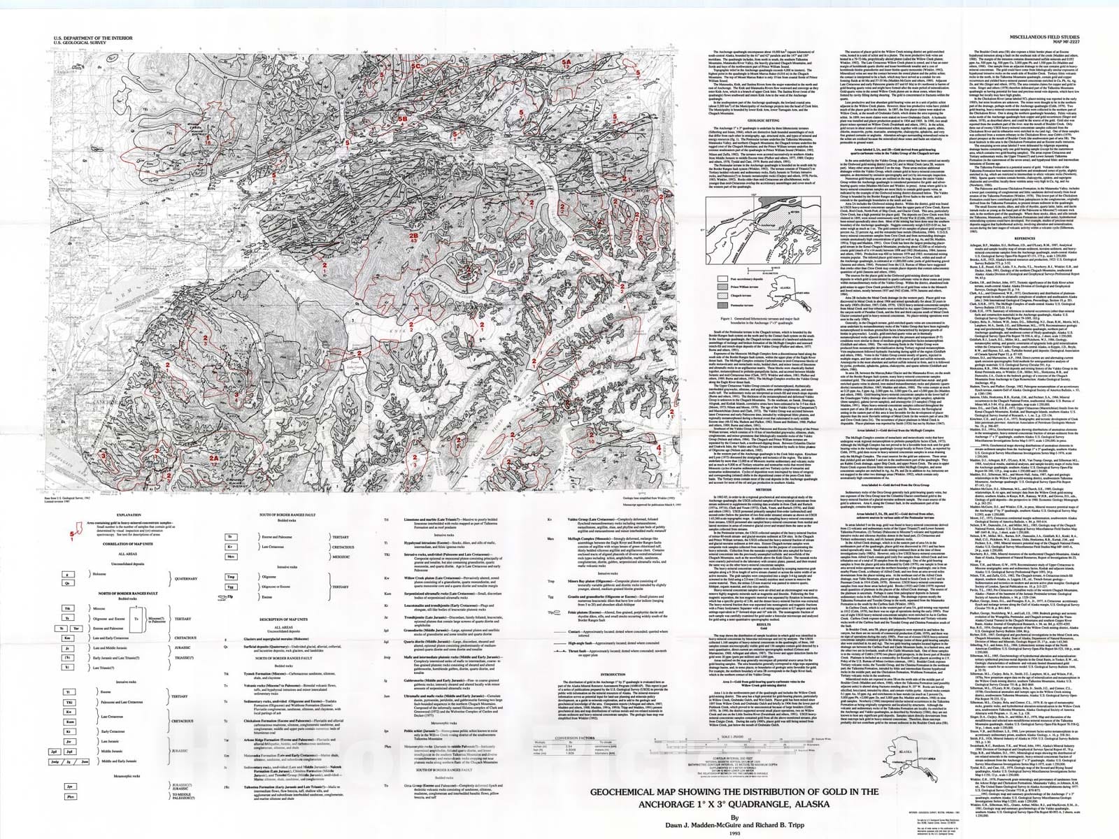 Map : Geochemical map showing the distribution of gold in the Anchorage one degree x three degrees quadrangle, southwest Alaska, one99three Cartography Wall Art :