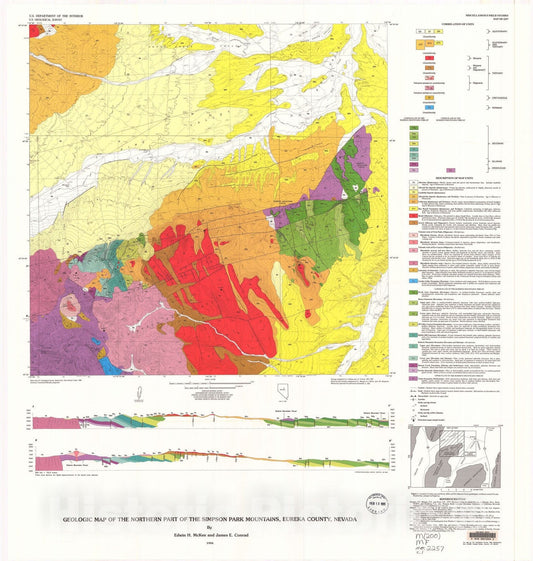 Map : Geologic map of the northern part of the Simpson Park Mountains, Eureka County, Nevada, 1994 Cartography Wall Art :