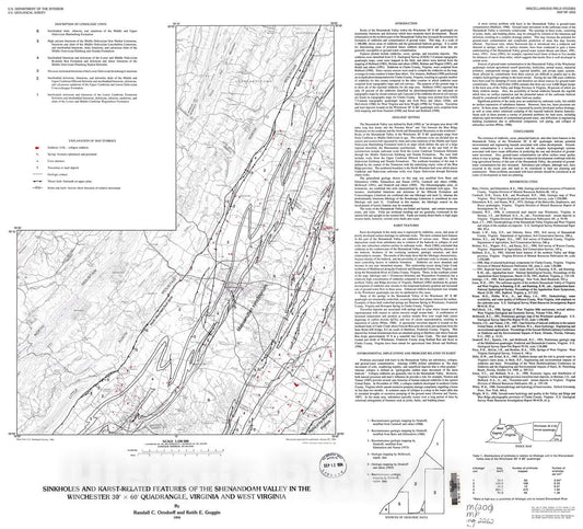 Map : Sinkholes and karst-related features of the Shenandoah Valley in the Winchester 30' X 60' quadrangle, Virginia and West Virginia, 1994 Cartography Wall Art :