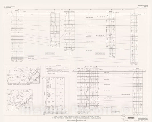 Map : Stratigraphic framework for geologic and hydrologic studies of the subsurface Cretaceous section near Charleston, South Carolina, 1994 Cartography Wall Art :