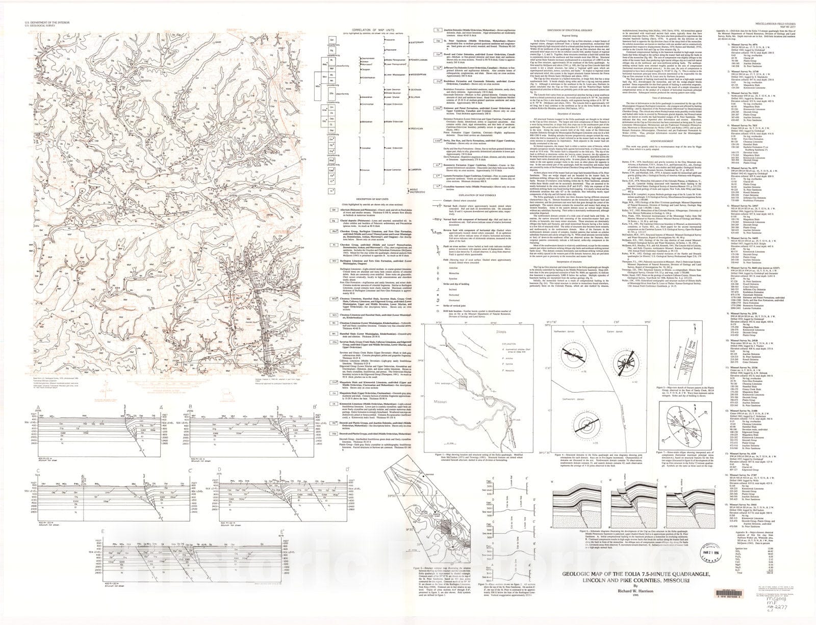 Map : Geologic map of the Eolia 7.5-minute quadrangle, Lincoln and Pike Counties, Missouri, 1995 Cartography Wall Art :