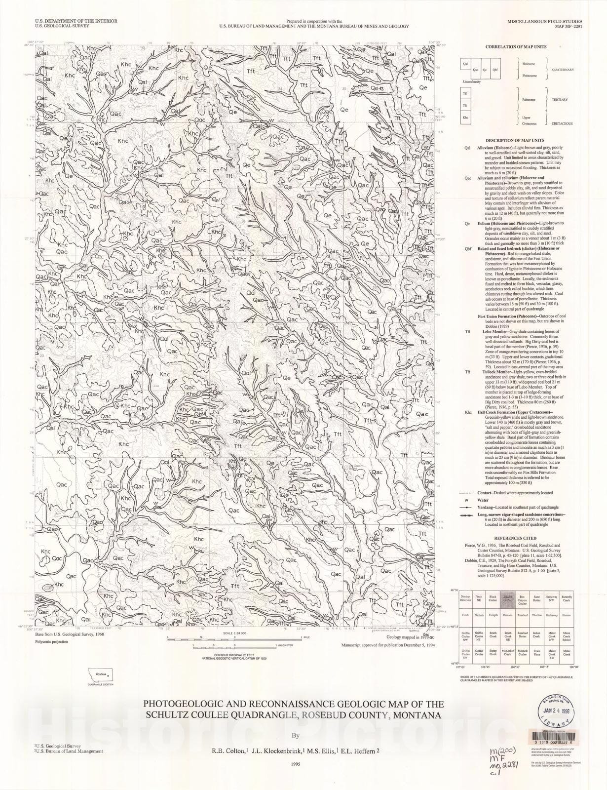 Map : Photogeologic and reconnaissance geologic map of the Schultz Coulee quadrangle, Rosebud County, Montana, 1995 Cartography Wall Art :
