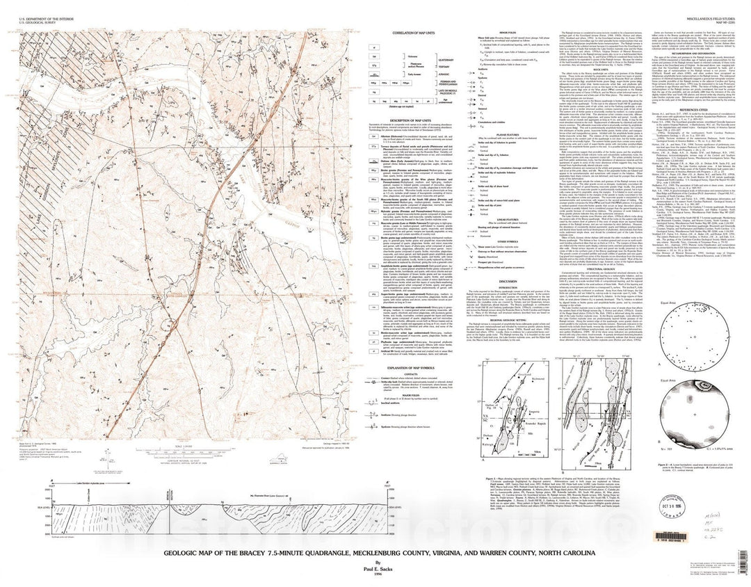 Map : Geologic map of the Bracey 7.5-minute quadrangle, Mecklenburg County, Virginia, and Warren County, North Carolina, 1996 Cartography Wall Art :