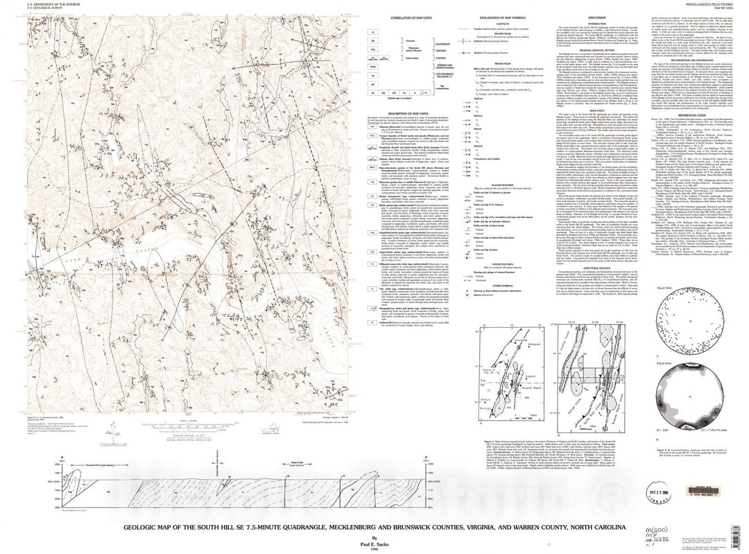 Map : Geologic map of the South Hill SE 7.5-minute quadrangle, Mecklenburg and Brunswick Counties, Virginia, and Warren County, North Carolina, 1996 Cartography Wall Art :