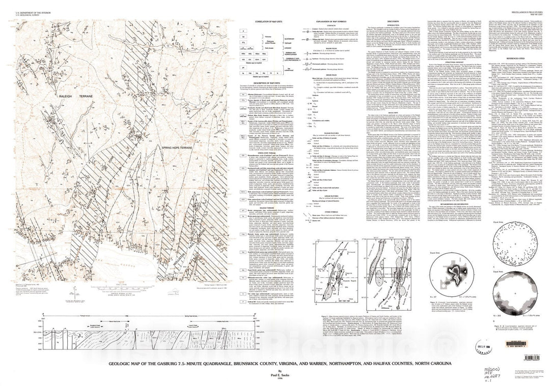 Map : Geologic map of the Gasburg 7.5-minute quadrangle, Brunswick County, Virginia, and Warren, Northampton, and Halifax Counties, North Carolina, 1996 Cartography Wall Art :