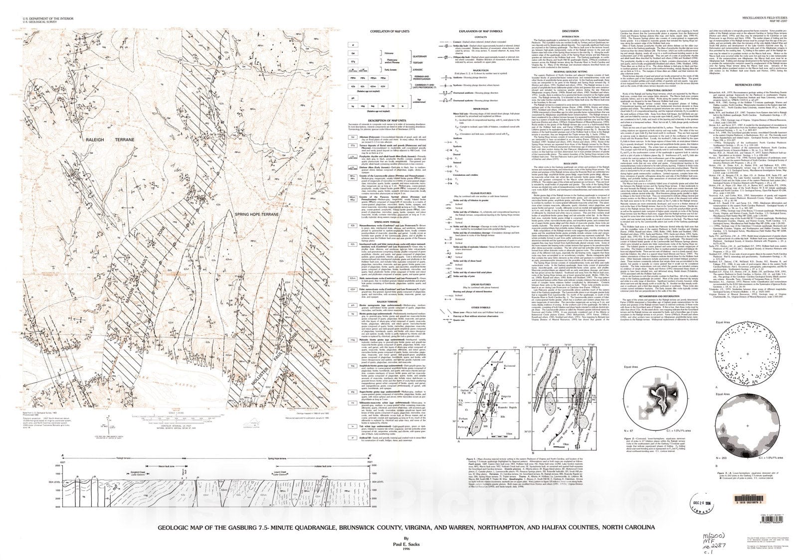 Map : Geologic map of the Gasburg 7.5-minute quadrangle, Brunswick County, Virginia, and Warren, Northampton, and Halifax Counties, North Carolina, 1996 Cartography Wall Art :