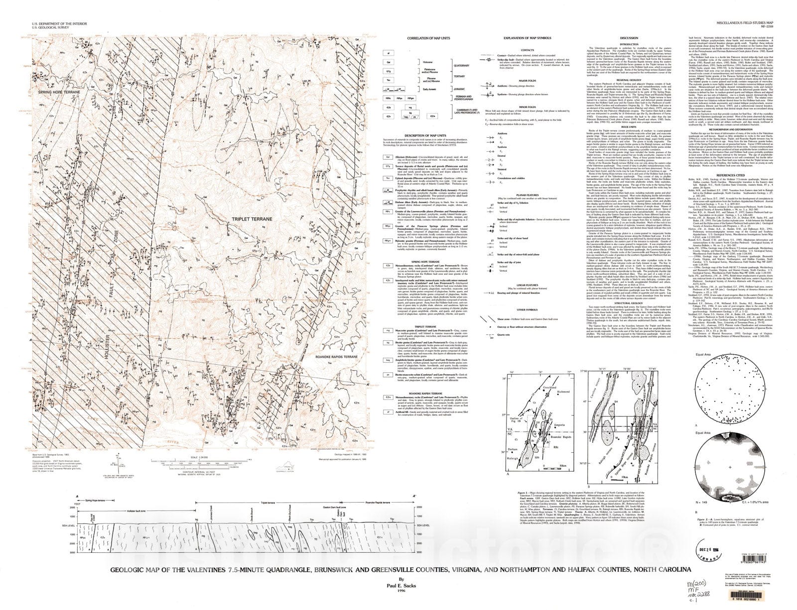 Map : Geologic map of the Valentines 7.5-minute quadrangle, Brunswick and Greensville Counties, Virginia, and Northampton and Halifax Counties, North Carolina, 1996 Cartography Wall Art :