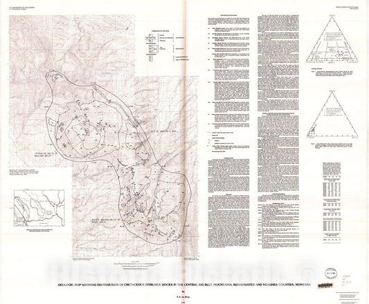 Map : Geologic map showing distribution of Cretaceous intrusive rocks in the central Big Belt Mountains, Broadwater and Meagher Counties, Montana, 1995 Cartography Wall Art :