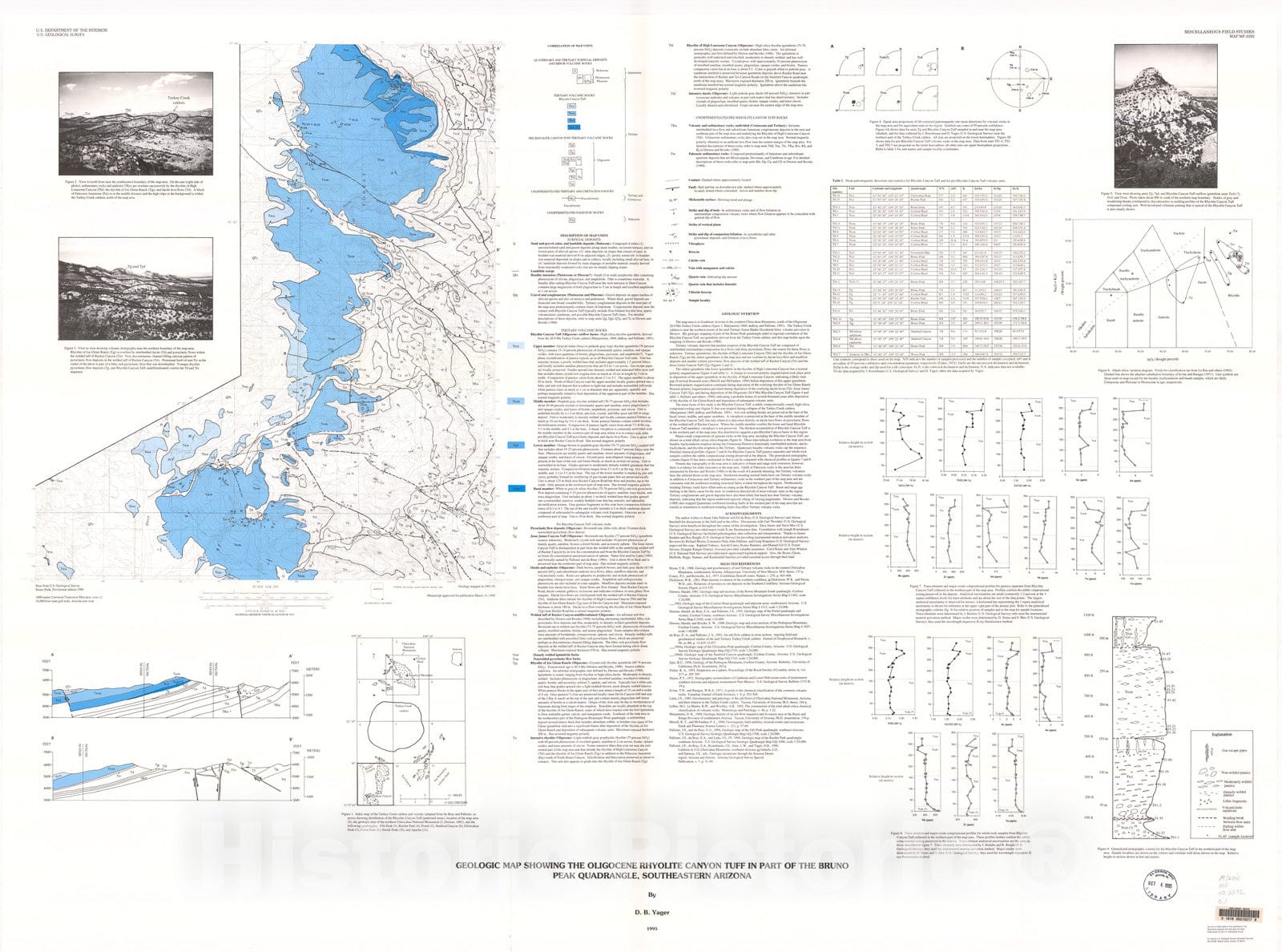 Map : Geologic map showing the Oligocene Rhyolite Canyon Tuff in part of the Bruno Peak quadrangle, southeastern Arizona, 1995 Cartography Wall Art :