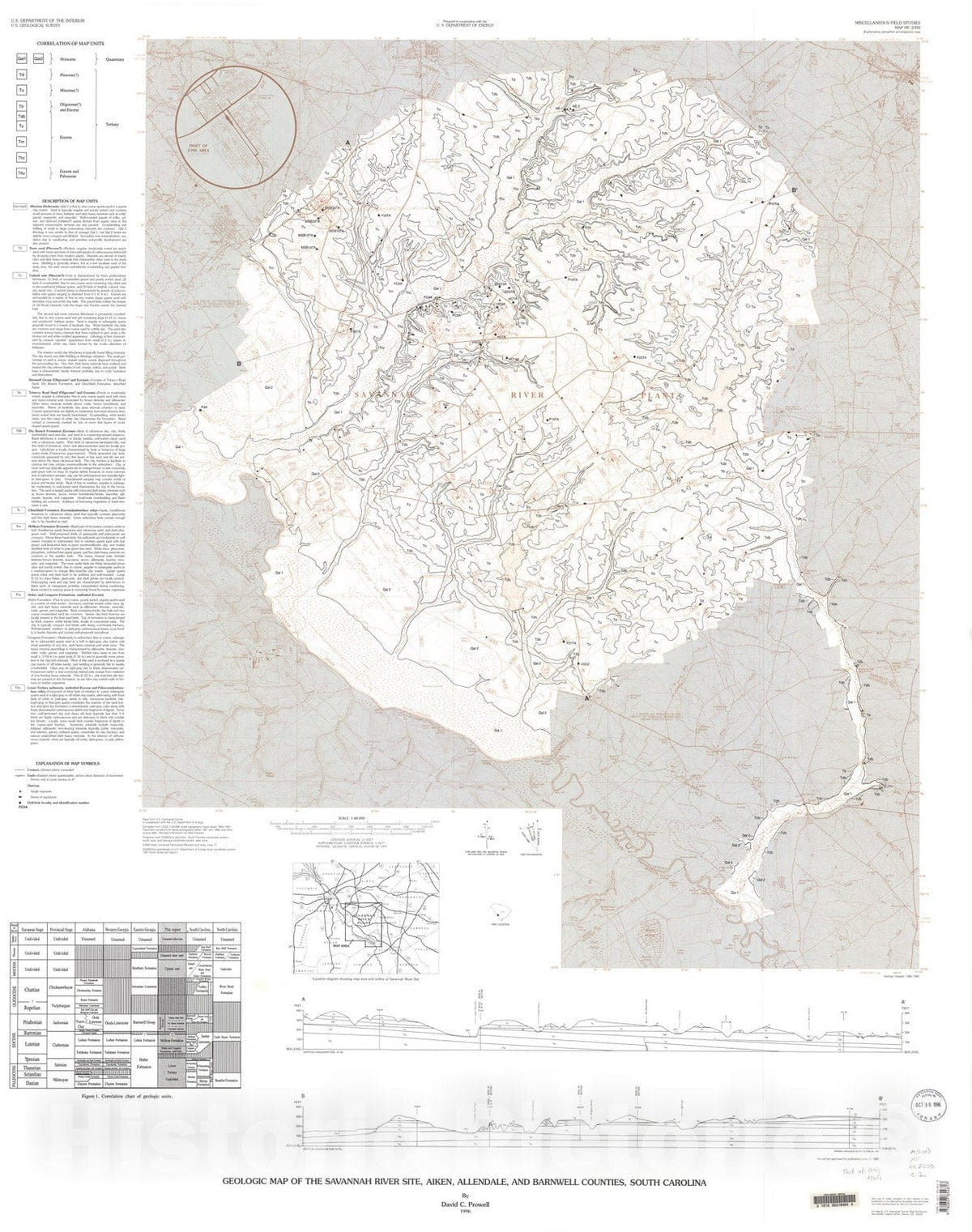 Map : Geologic map of the Savannah River site, Aiken, Allendale, and Barnwell Counties, South Carolina, 1996 Cartography Wall Art :