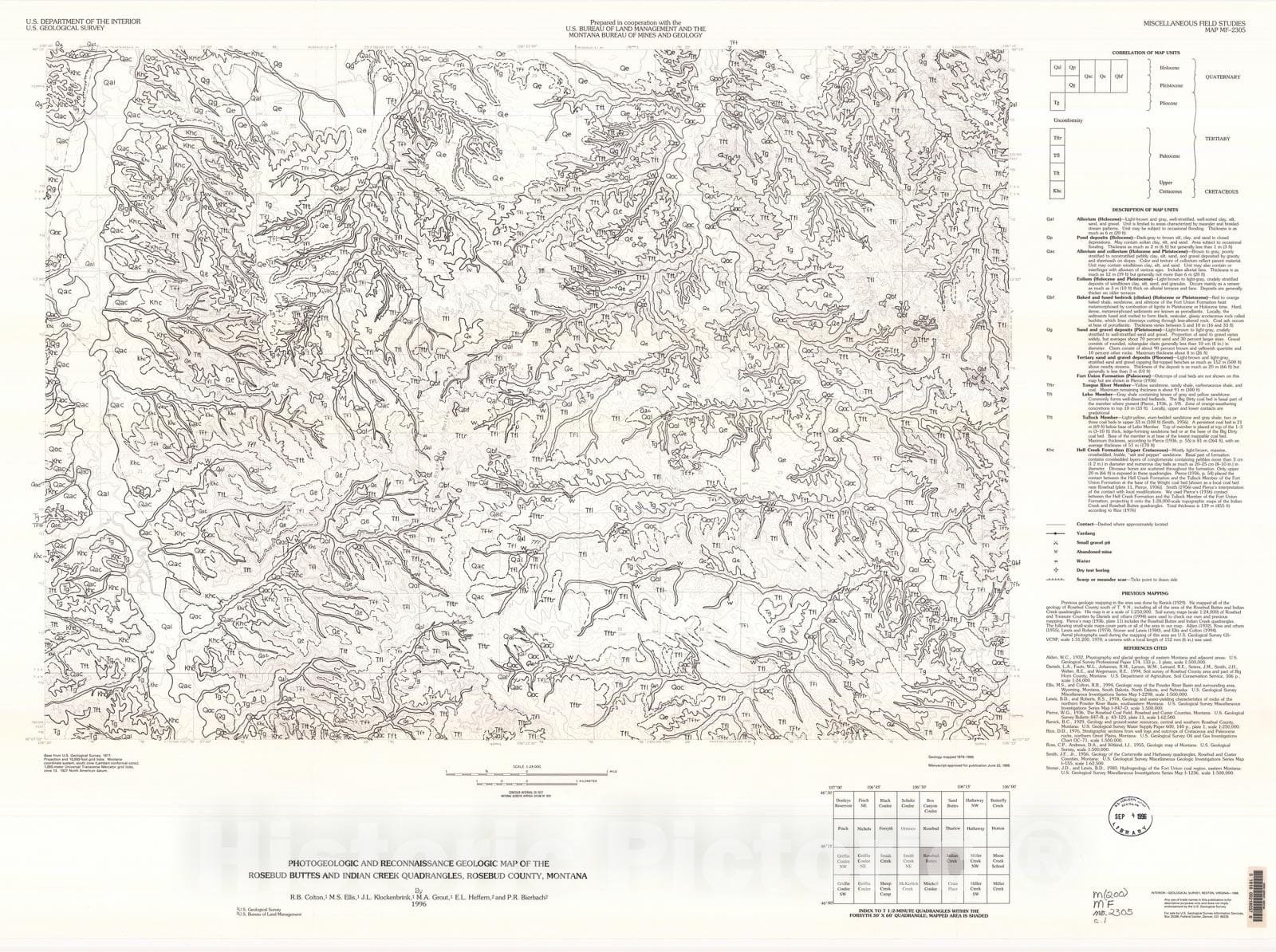 Map : Photogeologic and reconnaissance geologic map of the Rosebud Buttes and Indian Creek quadrangles, Rosebud County, Montana, 1996 Cartography Wall Art :