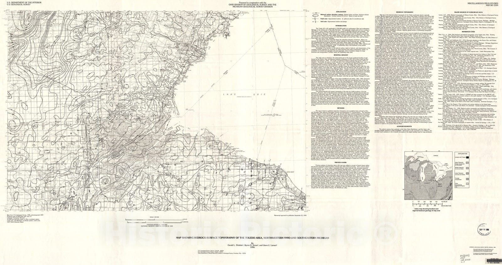 Map : Map showing bedrock surface topography of the Toledo area, northwestern Ohio and southeastern Michigan, 1996 Cartography Wall Art :