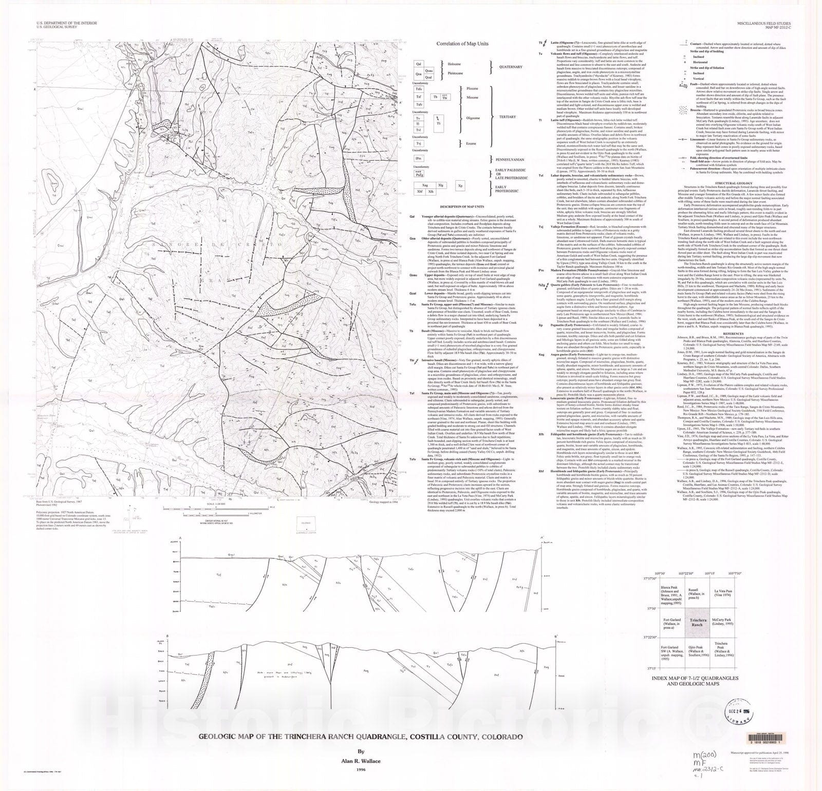 Map : Geologic map of the Trinchera Ranch quadrangle, Costilla County, Colorado, 1996 Cartography Wall Art :