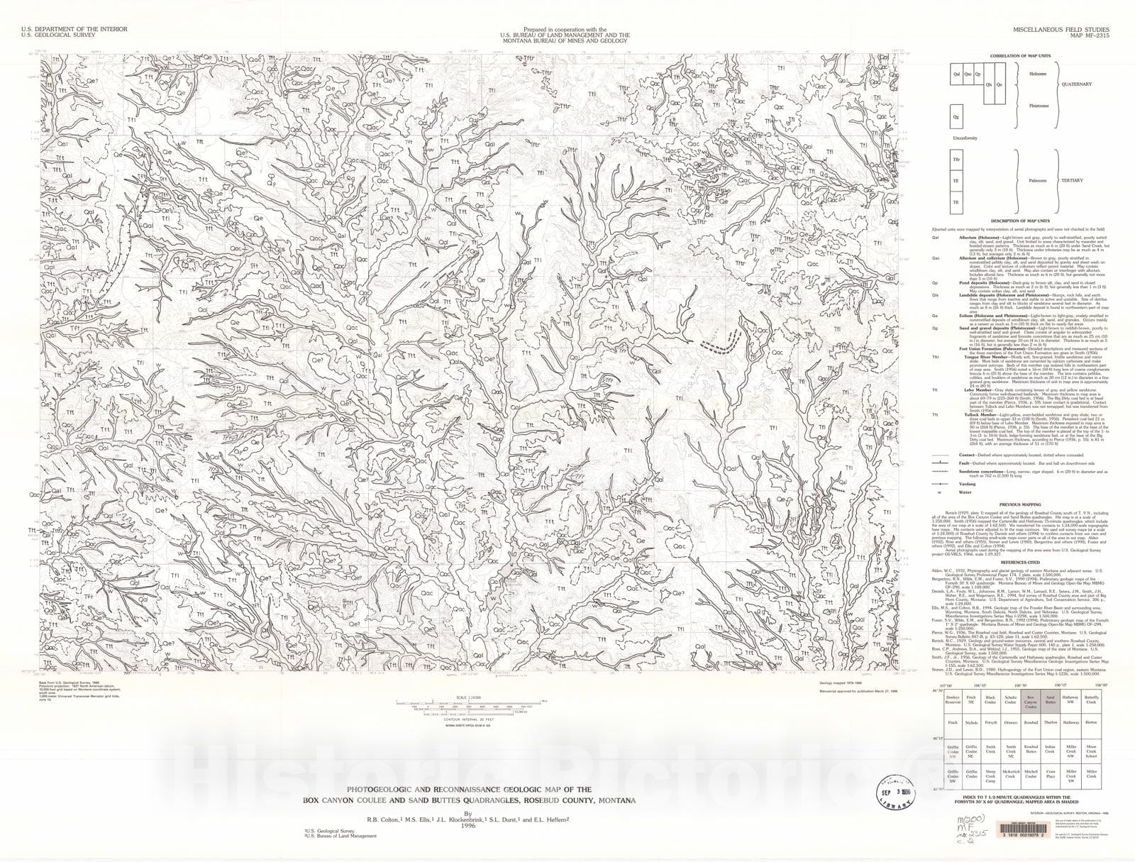 Map : Photogeologic and reconnaissance geologic map of the Box Canyon Coulee and Sand Buttes quadrangles, Rosebud County, Montana, 1996 Cartography Wall Art :