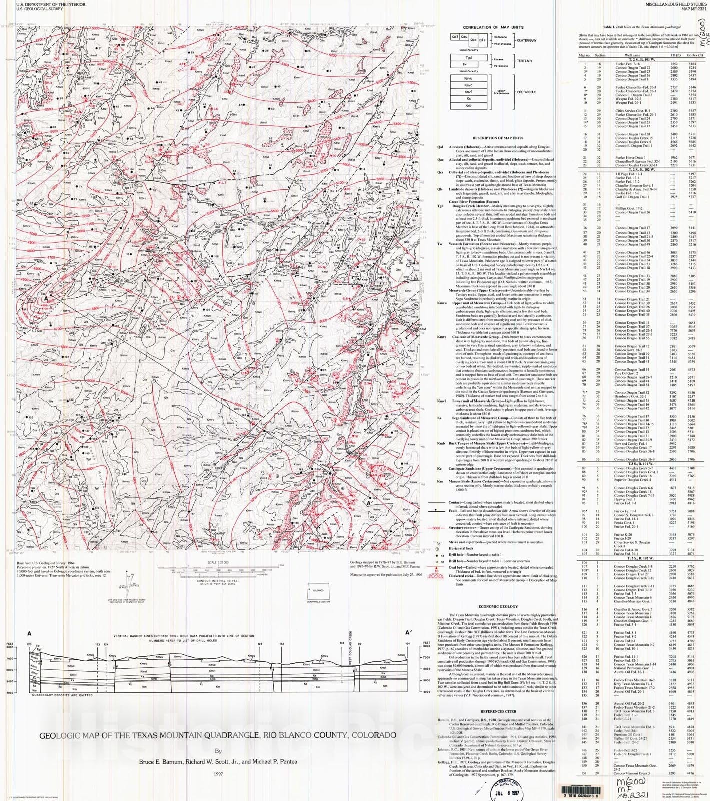 Map : Geologic map of the Texas Mountain quadrangle, Rio Blanco County, Colorado, 1997 Cartography Wall Art :