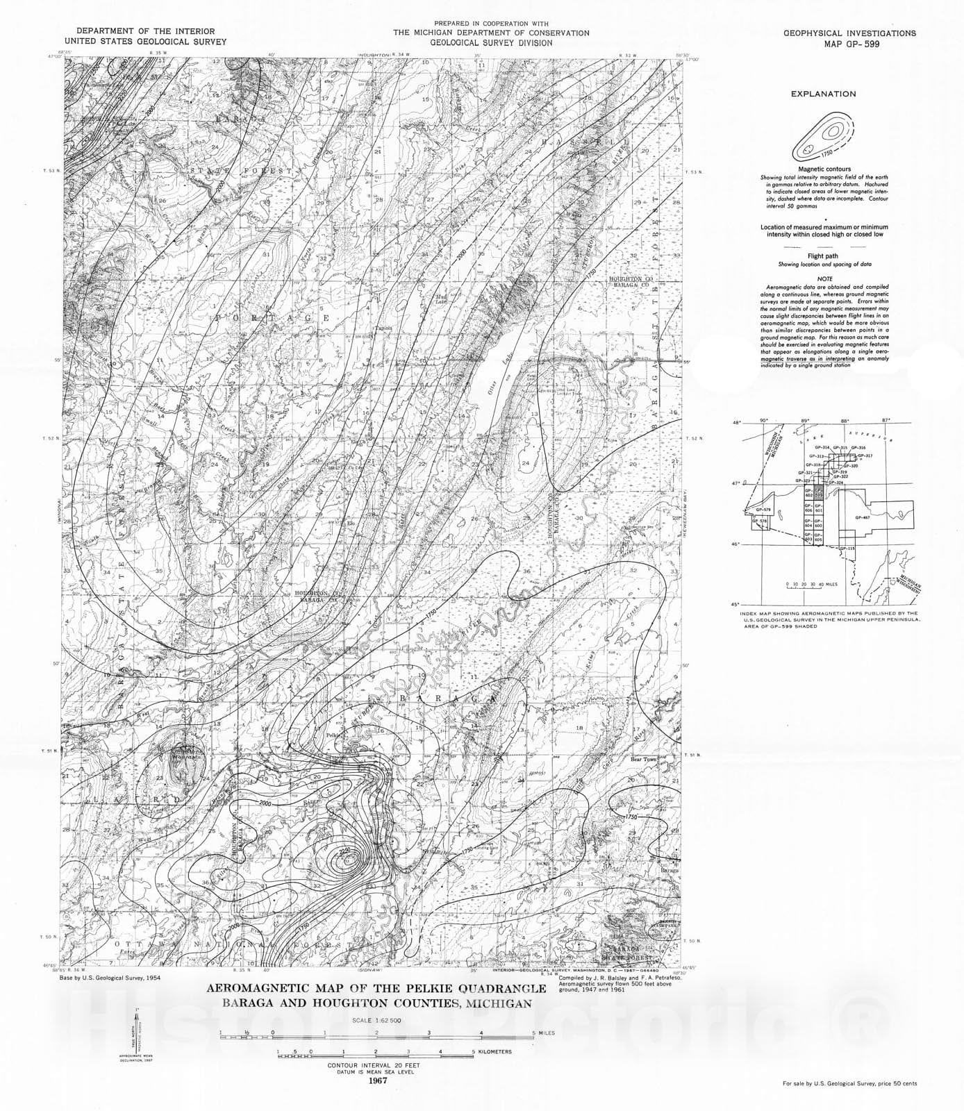Map : Aeromagnetic map of the Pelkie quadrangle, Baraga and Houghton Counties, Michigan, 1967 Cartography Wall Art :