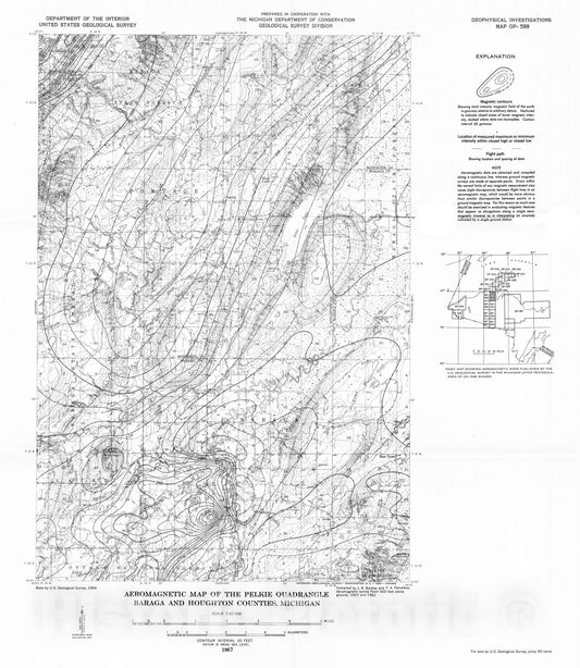 Map : Aeromagnetic map of the Pelkie quadrangle, Baraga and Houghton Counties, Michigan, 1967 Cartography Wall Art :