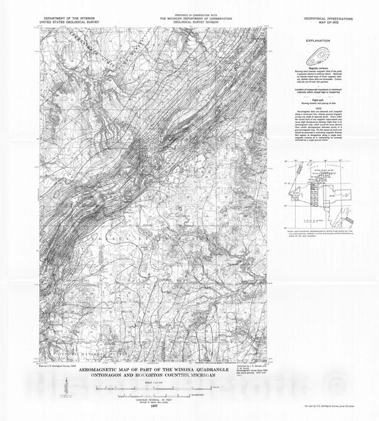 Map : Aeromagnetic map of part of the Winona quadrangle, Ontonagon and Houghton Counties, Michigan, 1967 Cartography Wall Art :