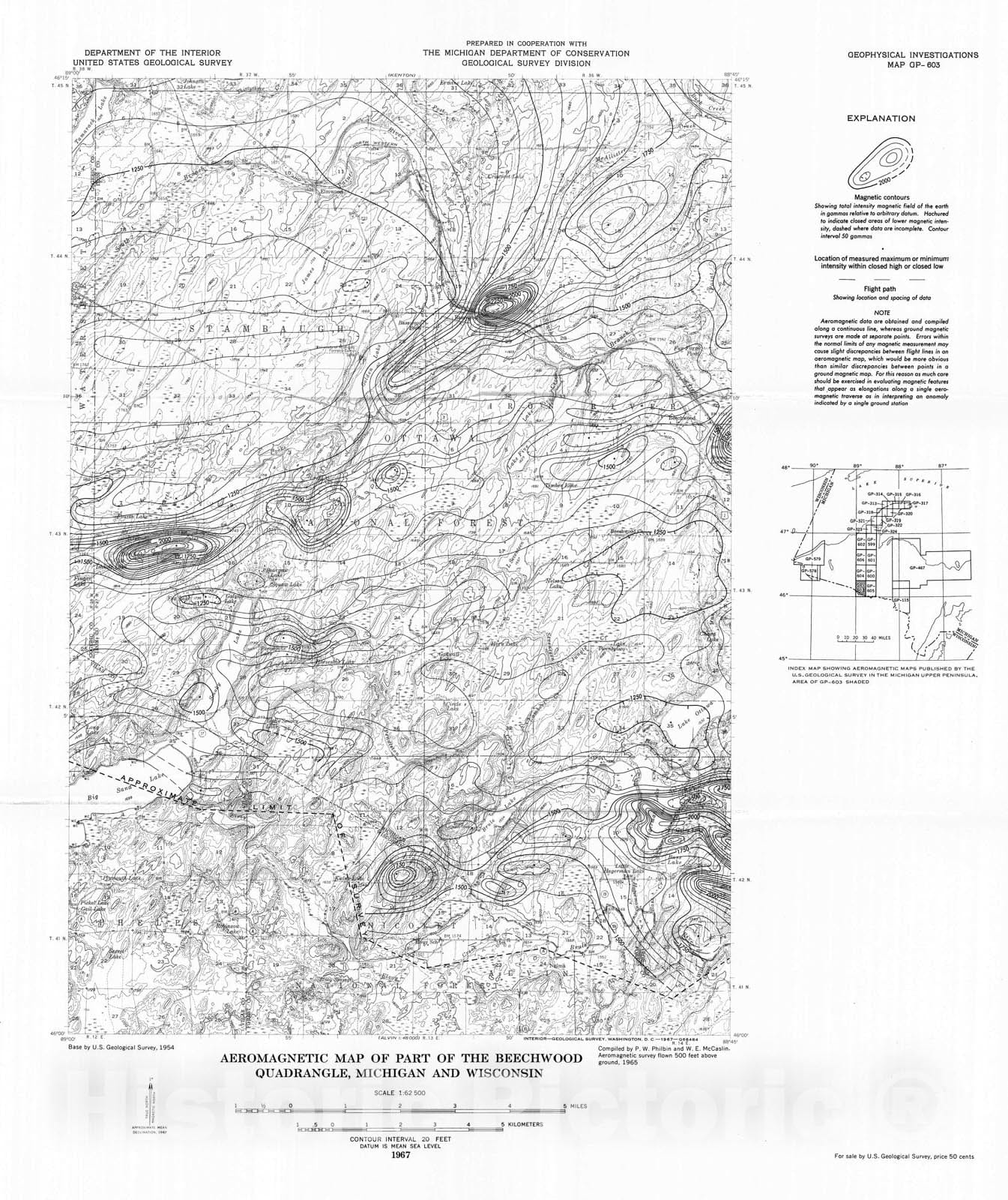Map : Aeromagnetic map of part of the Beechwood quadrangle, Michigan and Wisconsin, 1967 Cartography Wall Art :