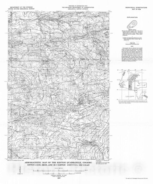 Map : Aeromagnetic map of the Kenton quadrangle, Gogebic, Ontonagon, Iron, and Houghton Counties, Michigan, 1967 Cartography Wall Art :