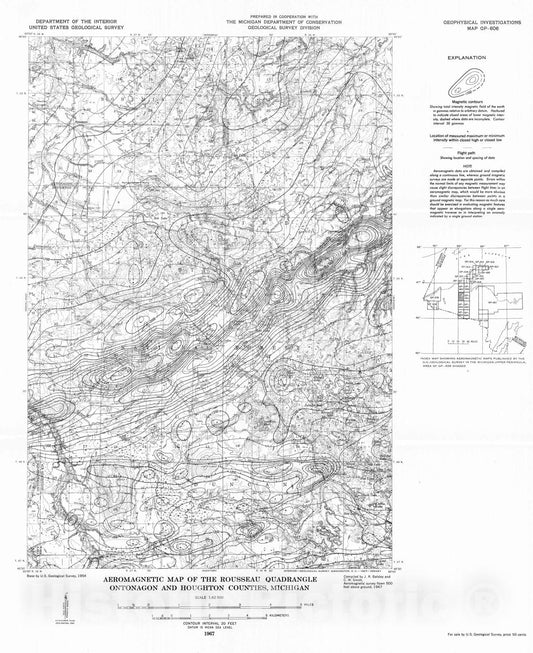 Map : Aeromagnetic map of the Rousseau quadrangle, Ontonagon and Houghton Counties, Michigan, 1967 Cartography Wall Art :