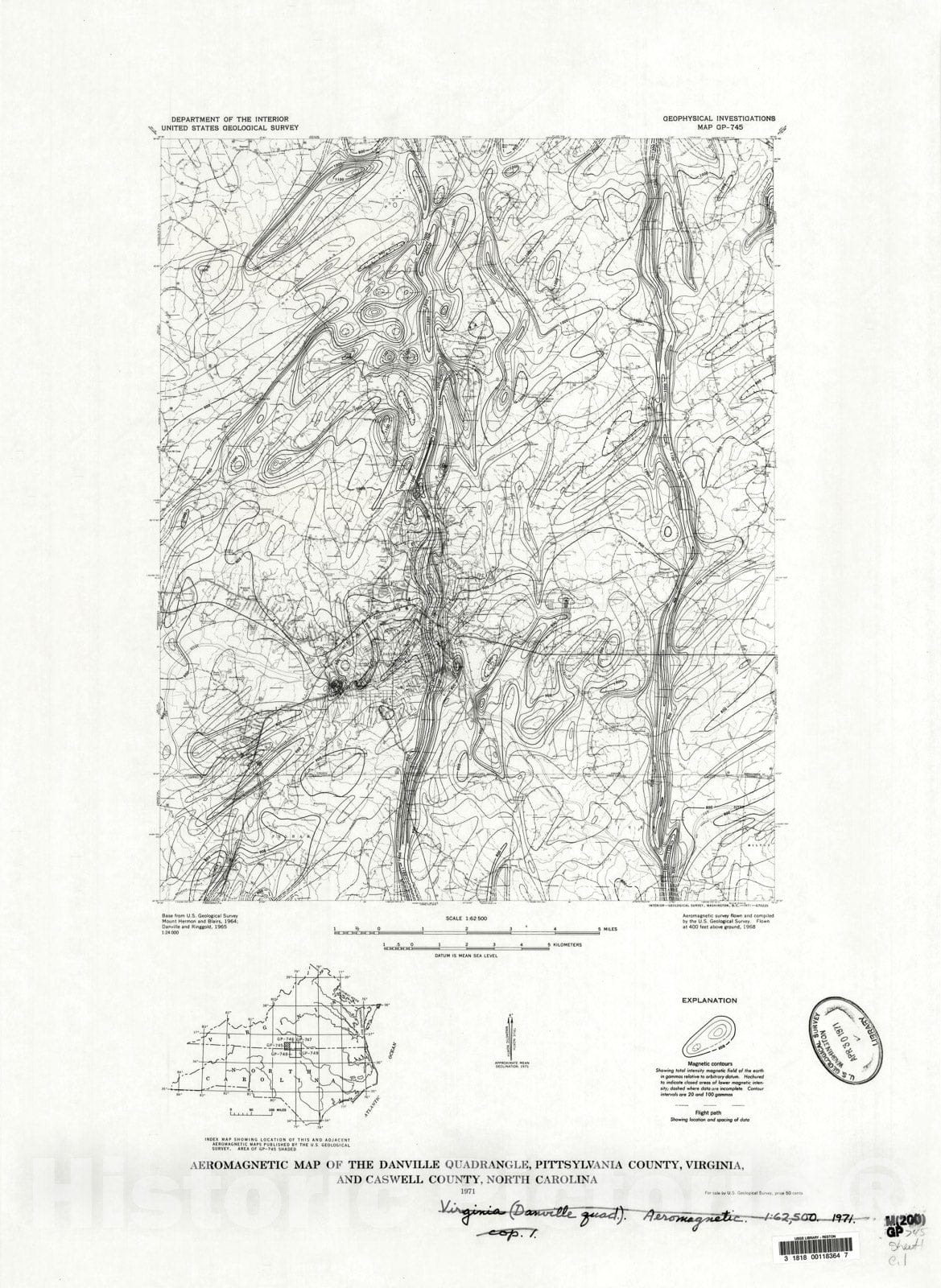 Map : Aeromagnetic map of the Danville quadrangle, Pittsylvania County, Virginia, and Caswell County, North Carolina, 1971 Cartography Wall Art :