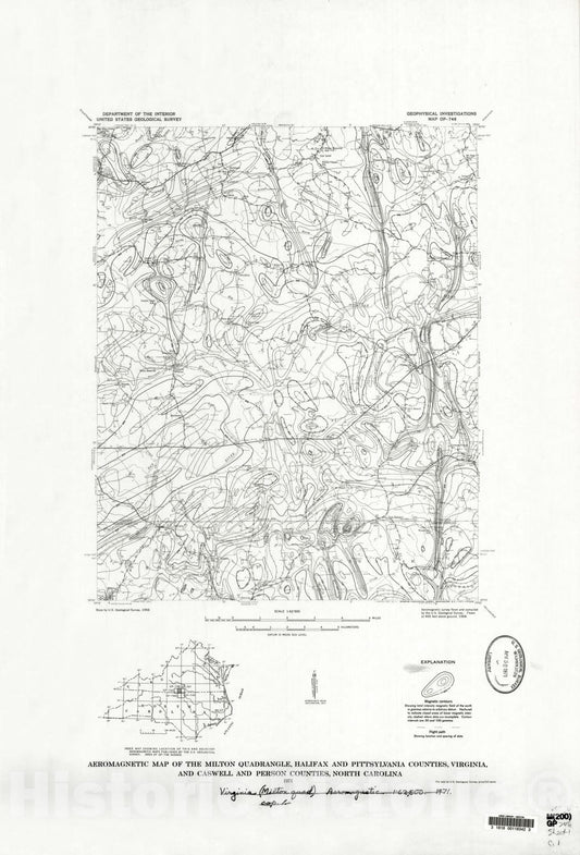 Map : Aeromagnetic map of the Milton quadrangle, Halifax and Pittsylvania Counties, Virginia, and Caswell and Person Counties, North Carolina, 1971 Cartography Wall Art :
