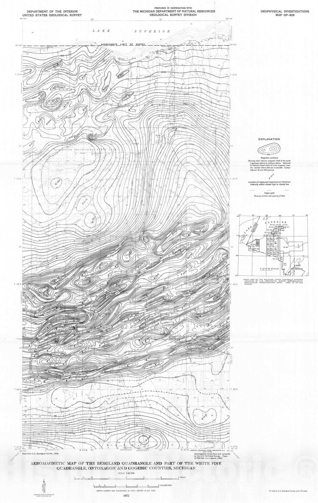 Map : Aeromagnetic map of the Bergland quadrangle and part of the White Pine quadrangle, Ontonagon and Gogebic Counties, Michigan, 1972 Cartography Wall Art :