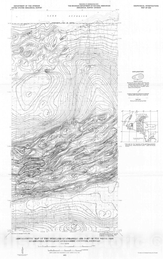 Map : Aeromagnetic map of the Bergland quadrangle and part of the White Pine quadrangle, Ontonagon and Gogebic Counties, Michigan, 1972 Cartography Wall Art :