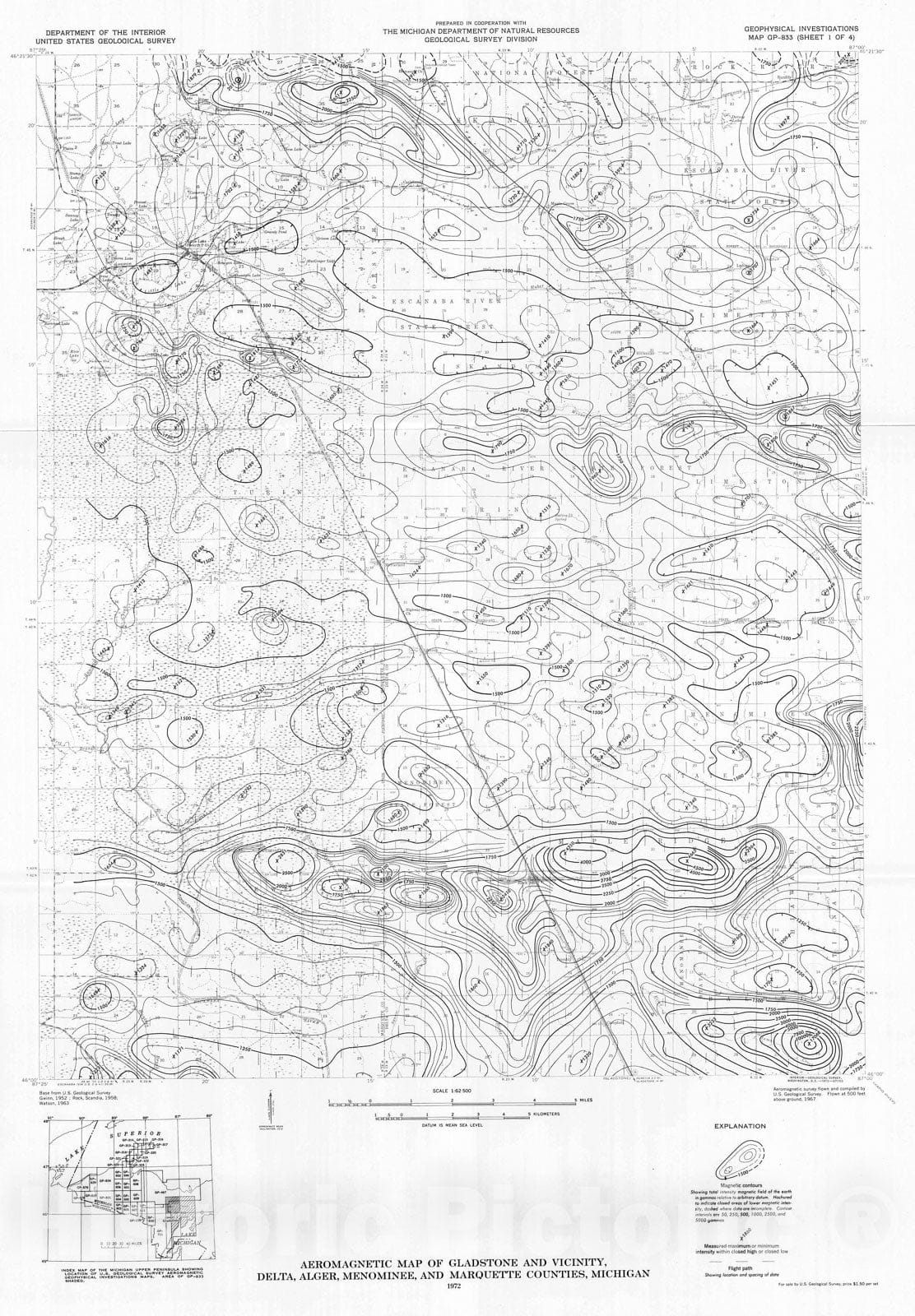 Map : Aeromagnetic map of Gladstone and vicinity, Delta, Alger, Menominee, and Marquette Counties, Michigan, 1972 Cartography Wall Art :