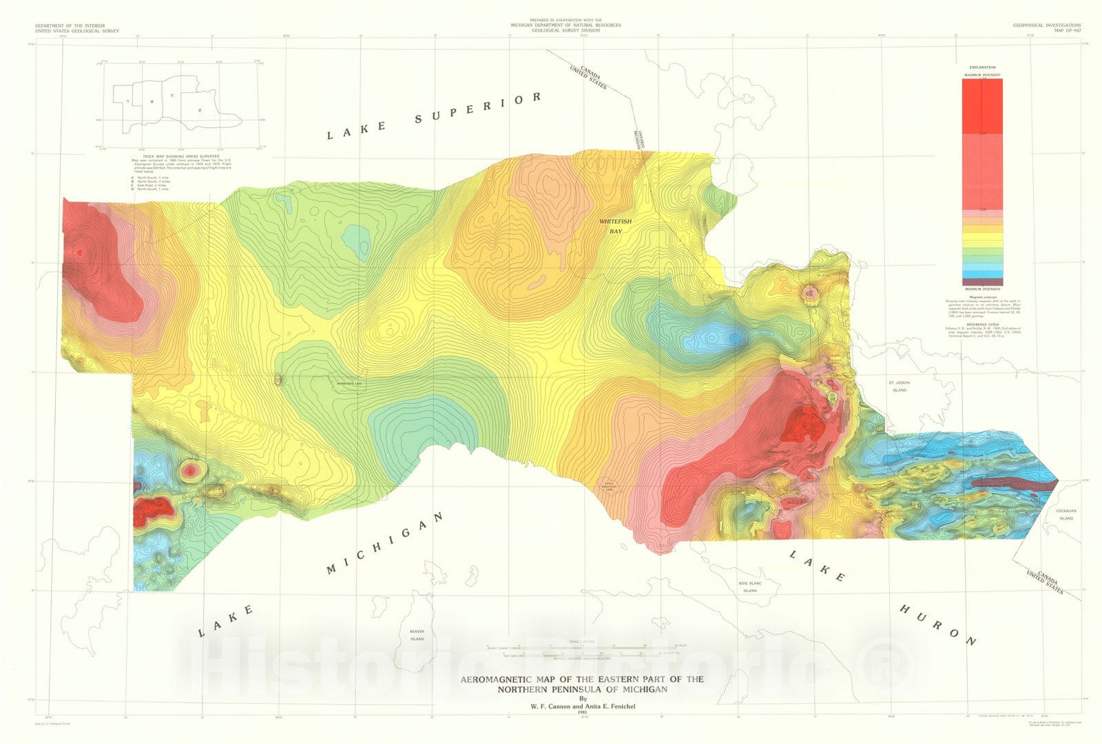 Map : Aeromagnetic map of the eastern part of the northern peninsula of Michigan, 1982 Cartography Wall Art :