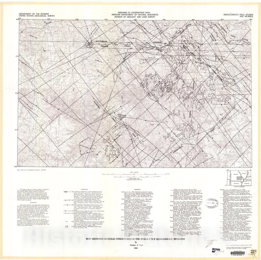 Map : Map showing geologic structures in the Rolla one degree x two degrees quadrangle, Missouri, one98two Cartography Wall Art :