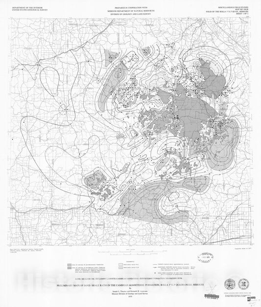 Map : Preliminary maps of sand/shale ratio in the Cambrian Bonneterre Formation, Rolla one degree x two degrees quadrangle, Missouri, one979 Cartography Wall Art :