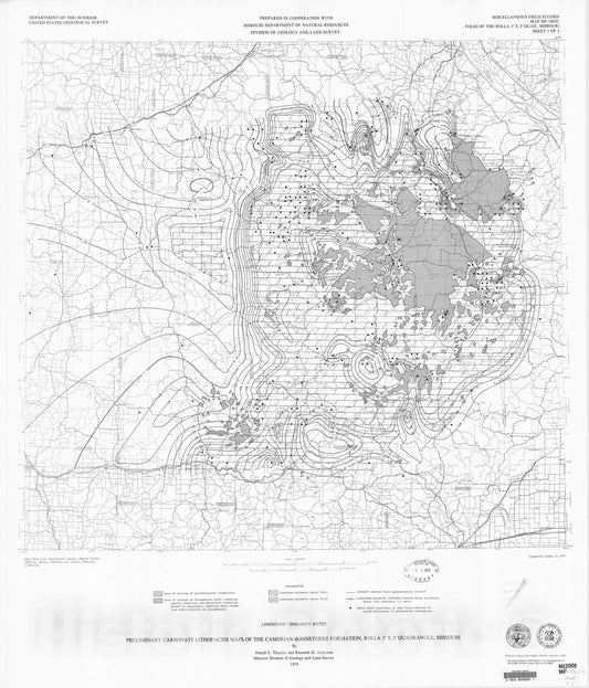 Map : Preliminary carbonate lithofacies maps in the Cambrian Bonneterre Formation, Rolla one degree x two degrees quadrangle, Missouri, one979 Cartography Wall Art :