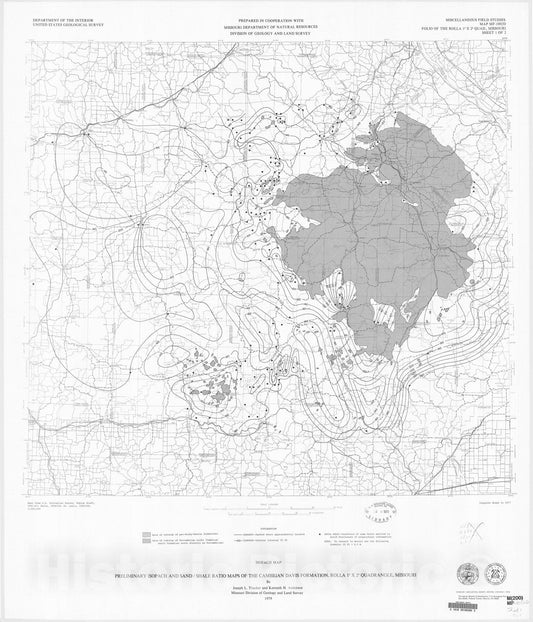 Map : Preliminary isopach and sand/shale ratio maps of the Cambrian Davis Formation, Rolla one degree x two degrees quadrangle, Missouri, one979 Cartography Wall Art :