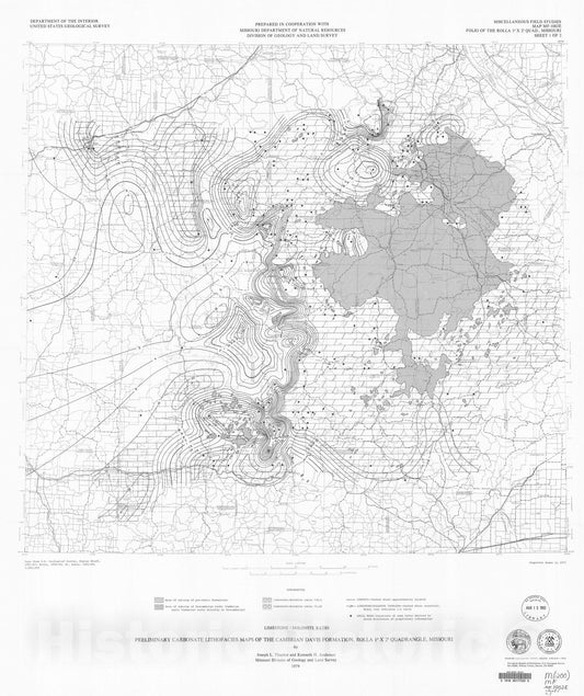Map : Preliminary carbonate facies maps of the Cambrian Davis Formation, Rolla one degree x two degrees quadrangle, Missouri, one979 Cartography Wall Art :